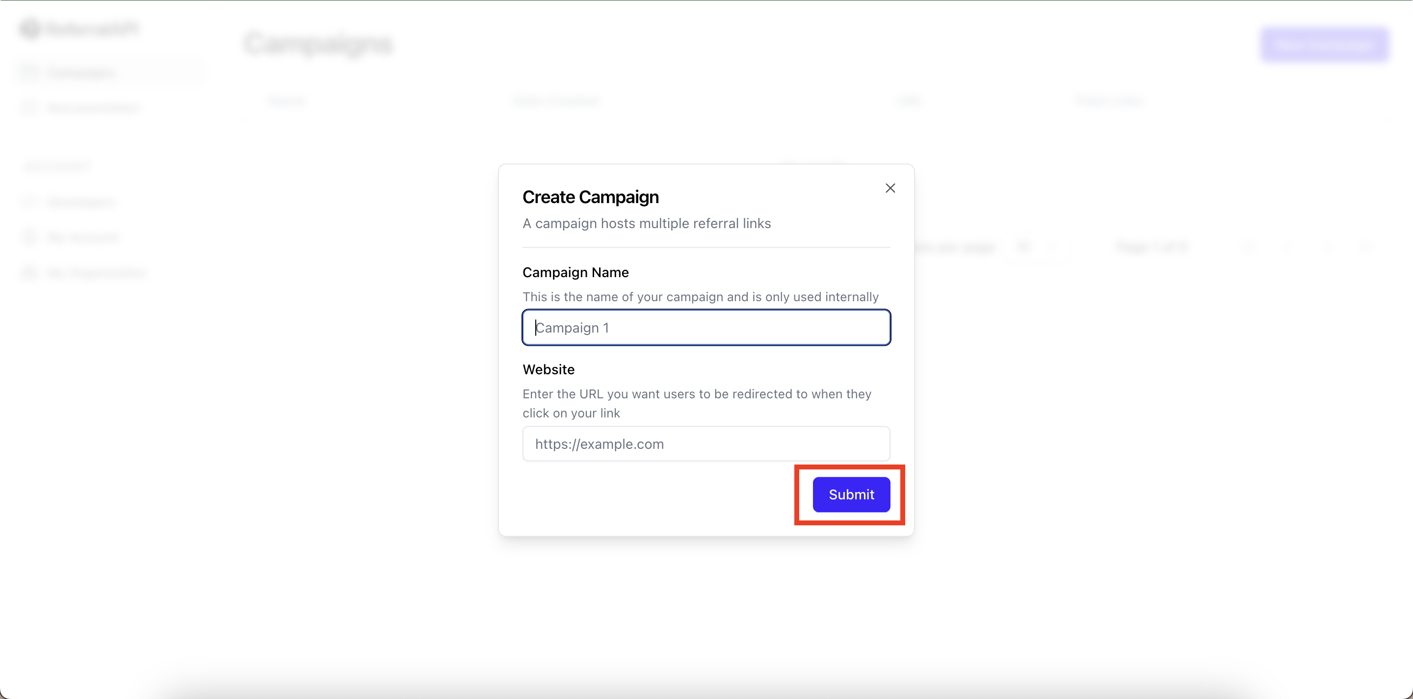 Submit Create Campaign Button on Dashboard