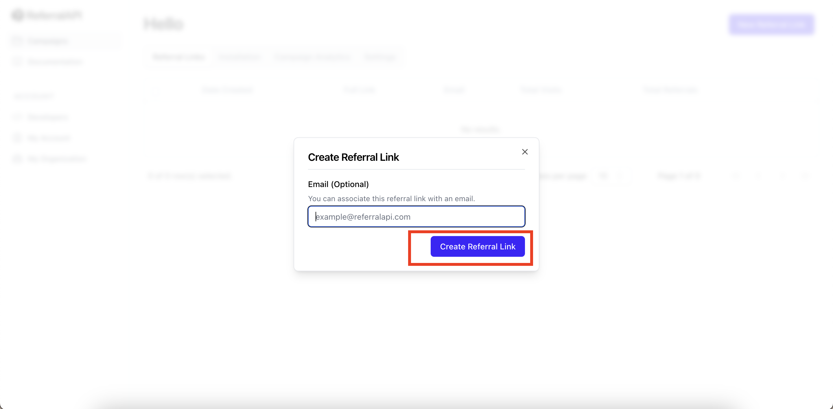 Create New Referral Link Button on Create Referral Link  Modal